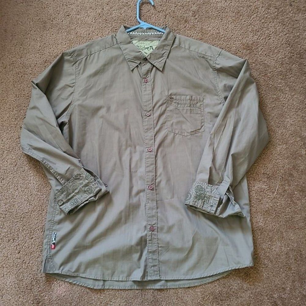 QUICKSILVER Olive Green Distressed  Button Front Shirt SZ XL Cotton Blend Kahk